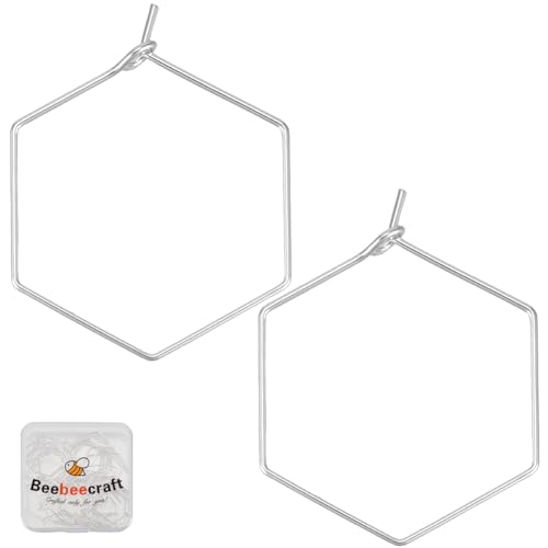 Beebeecraft 1 Box 40Pcs Hoop Ear Wires 925 Sterling Silver Plated Hexagon Geometry Earring Loops Findings for Jewelry Making DIY Beading 25mm