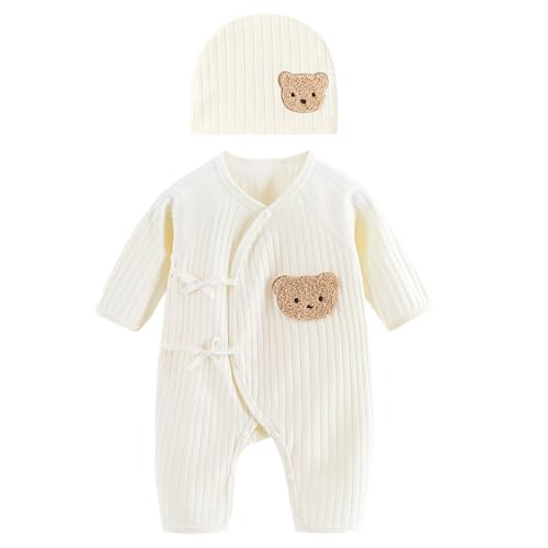 LIANXUE Baby Cotton Jumpsuit & Hat Long Sleeve Romper Infant Coveralls Spring Bodysuit Cartoon Bear Breathable Outfit