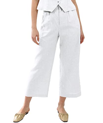 Amazhiyu Women's Linen Ankle Pants Pleated Front Wide Leg Straight Cropped Trouser White, Large