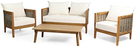 CHRISTOPHER KNIGHT HOME Burchett Outdoor 4pc Chat Set - Acacia Wood and Wicker - Teak/Mixed Brown/Beige