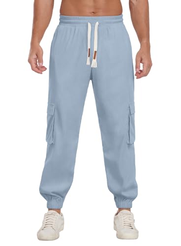 Askdeer Mens Corduroy Joggers Pants Casual Cargo Pants Drawstring Elastic Waist Baggy Tapered Sweatpants with 5 Pockets Light Blue2