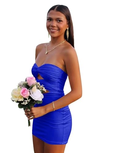 GODCUN Satin Homecoming Dresses for Teens 2025 Bodycon Short Strapless Cut Out Tight Prom Gown Royal Blue US 2
