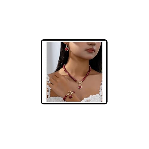 Dishowme Perle Herz Halskette Ohrringe Sets 4Pcs Vintage Kunstperle Armband Liebe Herz Choker Halskette Schmuck Sets für Damen Frauen (Rot)