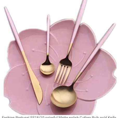 Image of aDai Premium Gold SUS304 Stainless Steel Cutlery Set - 8 Spoons, 4 Fork, 4 Steak Knife - Mirror Finish Dinnerware Flatware (Pink - Set of 16)