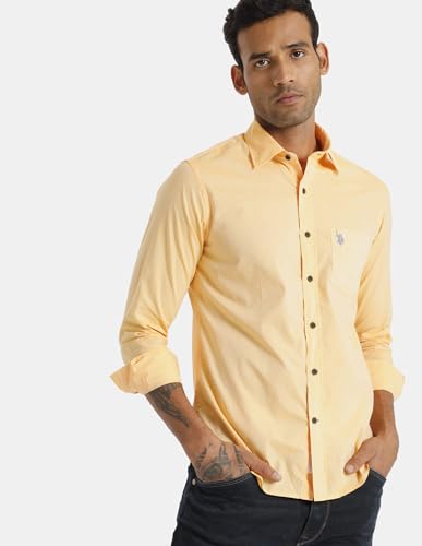 Image of U.S. POLO ASSN. Men Peach Solid Cotton Casual Shirt