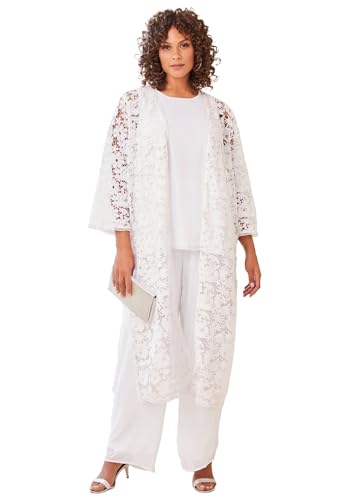 Roaman's Women's Plus Size Three-Piece Lace Duster & Pant Suit