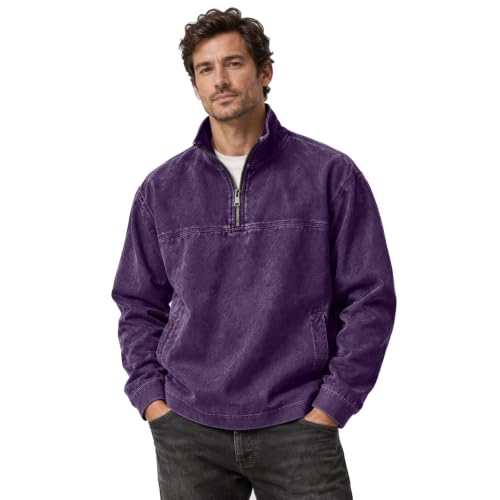 Men's Denim Shirt Washed Vintage 1/4 Zip Pullover Shirt with Pockets - image 1