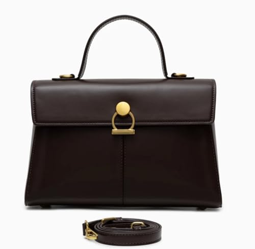 Elegant Classic Top-Handle Handbag, Dark Brown Faux Leather, Gold Hardware