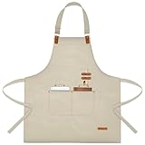Chef Apron for Men Women with Pockets Adjustable Neck Strap, Heavy Duty Canvas Gardening Apron, Water Repellent Apron for Cooking, Baking, BBQ, Working, Painting (Beige)