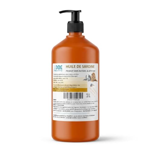 1L Huile de Sardine 100% Naturelle pour Chiens, Chats et Chevaux, Très Riche en Oméga 3-6-9 et Vitamines E | Fabriqué en UE