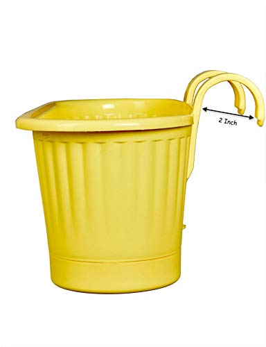 mastBus Plastic Hanging Pots for Balcony and Stairs Railing, Indoor/Outdoor Gardening Containers (Yellow, 15 inch)