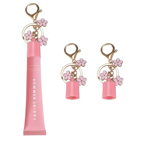 EarnMIMI Mart Lip Gloss Keychain for Summer Fridays + Lip Balm Keychain 2-Pack | Anti-Loss Design, Pink Flower Charm | Cute Bag & Key Accessory for Daily Carry