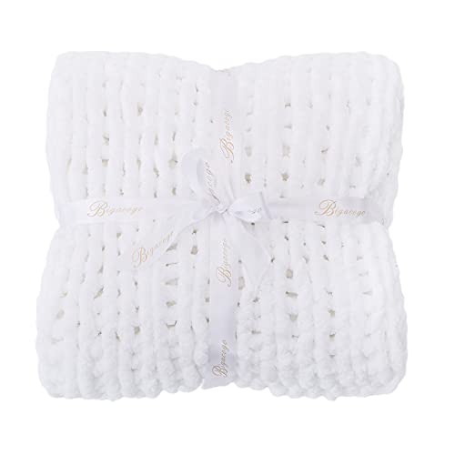 Bigacogo Chunky Knit Throw Blanket for Couch, 60x80 inches, 100% Hand Knitted with Thick Jumbo Chenille Yarn, Cozy Soft Large Rope Knot Cable Crochet Blankets for Sofa Bed Living Room, White