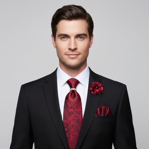 Image of 5PCS Tie and Pocket Square for Men, Silk Necktie and Handkerchief Cufflinks with Gold Ring and Lapel Pin Set