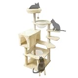 RAKU キャットタワー シニア猫 太った猫 短足猫 子猫向け 透明ボウル 宇宙船付き 高さ約130 cm 多頭飼い 猫ハウス 角丸加工 掃除簡単 多ステップ 階段付き ホワイトコットン支柱 爪とぎポール (ベージュ) (ベージュ)