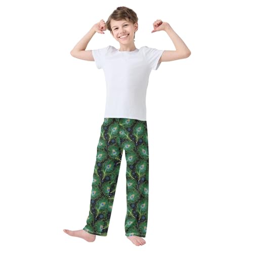 ZZXXB Peacock Feather with Polka Dot Boys Long Pants Soft Trousers Elastic Waist Kids Lounge Bottoms with Pockets S-XL2