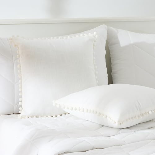 Image of 100% Cotton Pom Pom Cushion Without Filler, Elegant & Modern Cushion Cover for Living Room, Square Shape, 16 inchx16 inch, uni slub, Set of 3 - Half White