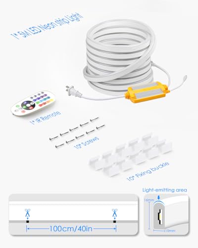 Image of RGB Neon Light Strip 16.4FT /5M Multicolor Neon Rope Lights Indoor Outdoor Led Strip Lights Waterproof 80LEDs /M AC 110V~130V Color Changing Ne on LED Lights for Bedroom Home Commercial Lighting