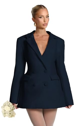 OEUVIGF Navy Blue Bridesmaid Dresses for Wedding Long Sleeves Notch