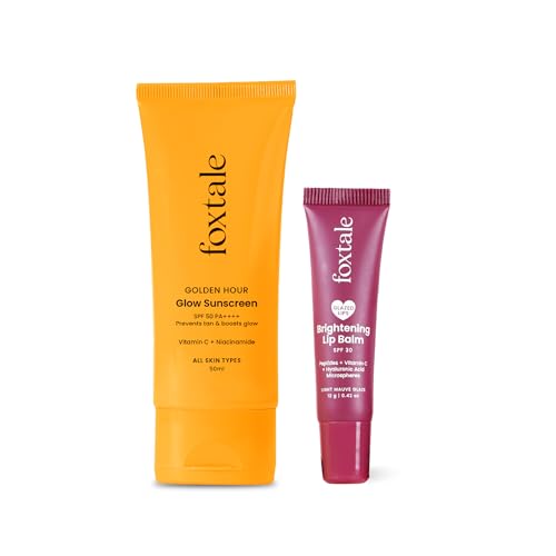 Image of Foxtale SPF Power Pair | SPF 50 Glow Sunscreen & SPF 30 Brightening Lip Balm | Broad Spectrum UV Protection | Prevents Tanning & Pigmentation | Hydrates & Brightens Skin & Lips | With Vitamin C, Niacinamide, Peptides & Hyaluronic Acid | Lightweight, Non-Greasy, No White Cast | Daily Face & Lip Sun Protection
