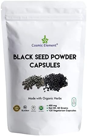 Cosmic Element Black Seed Powder Capsule Vegan Organic Nigella Sativa, Black Cumin Seeds. (120 Capsules)