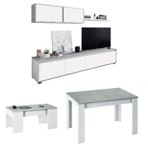 Mobelcenter, Conjunto Salón Cemento, Incluye Mueble de Salón, con módulo Superior y módulo Inferior, Mesa de Salón y Mesa de Centro, Acabado Color Blanco Artik y Cemento (P0041)