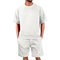 Generisch Waffle, tuta da jogging da uomo, estiva, corta, per il tempo libero, maglietta a maniche corte + pantaloni corti da jogging, set da 2 pezzi, tuta estiva per il fitness Y2K, bianco, L