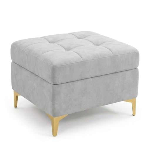 Image of FURNY Homeliving 4 Seater L Shape Sofa Set with Movable Ottoman & Golden Legs | Flexible Left or Right Layout | Plush Velvet Fabric (Light Grey) | Perfect for Living Room, Guest Room & Office