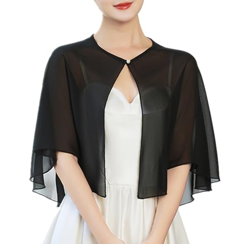 RuiChy Capa Chal de Gasa para Mujer, Elegante Hebilla de Perla Bolero Capelet Vestido de Noche Chales Estola Transparente Cárdigan Boda Novia Hombros Poncho de Protección Solar Abrigo Corto (Negro)