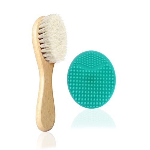 Image of Mocokkiti Baby Hair Brush, Goat Bristles Brush and Baby Cradle Cap Brush Set for Cradle Cap Wood Bristle Brush for Newborns and Toddlers (2 Piece)