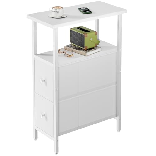 YMYNY Tavolino Salotto Stretto, Comodino con 2 Cassetti in Tessuto, Tavolino da Letto per Spazi Ridotti, Tavolino da Divano per Camera da Letto e Soggiorno, Bianco HST019W