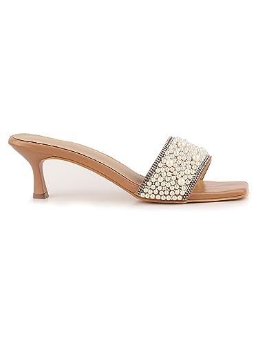 Image of AXIUM Pearl Embellished Beige Heels, 2.5-Inch