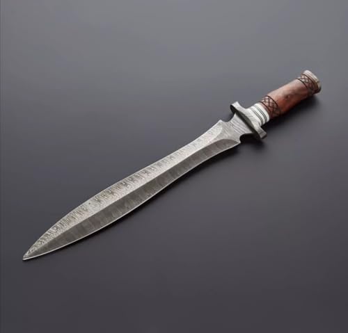 Empire - 25 Inch Long Handmade Damascus Steel Double Edge Viking Sword with Sheath - Wood Grip - Sharpe Edges - Hunting Sword - Hand Forged Tactical Sword - Best Gift for Him