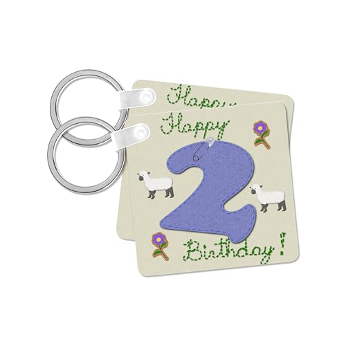 3dRose, Happy second birthday. Digital scrapbook design for boys features a blue felt looking number two, set of 6 Key Chains
