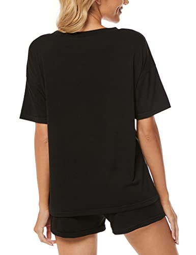 Image of LOCUBE Women's Pajama Set Soft Comfy 2-Piece Short Sleeve Lounge Sleepwear with Drawstring Shorts and Pockets