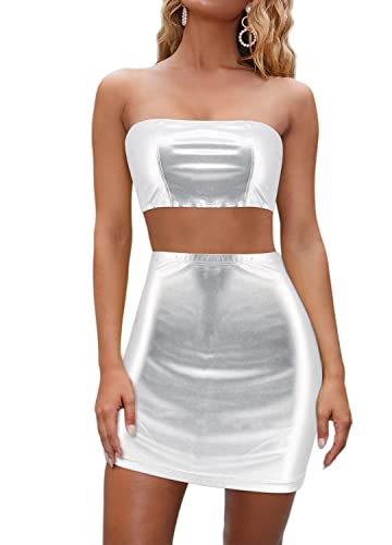 Vimoisa Women Sexy Shiny Metallic Silver Off Shoulder Tube Top Crop Vest Short Skirt Set Two Piece Outfit Suit2