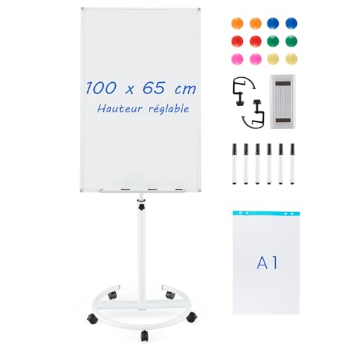 COSTWAY Tableau Blanc Effacable sur Pied, 100 x 65 cm, Tableau Blanc sur Pieds Hauteur Réglable 132-192 cm, Support Sur Roulettes, Cadre en Alu, Paper Board,...