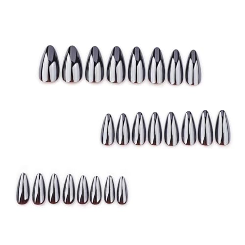 Image of Dark Black Press on Nails Medium Almond Fake Nails Chrome Nail Press ons with Design Glossy Glue on Nails Artificial Acrylic Full Cover Stick on Nails Cool False Nails for Women Girls Manicure 24Pcs