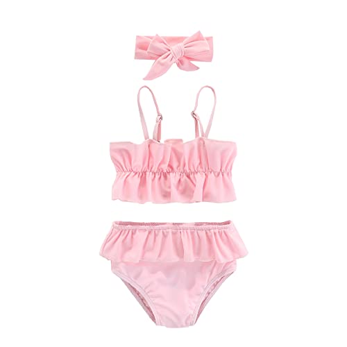 Amberetech Baby Girls' Bikini Sets Summer Swimsuit Sleeveless Solid Color Swimwear Two-Piece Sandy Beach Bikini Pink cover