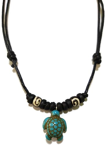 Moose546 Sea Turtle Lucky Turquoise Color Pendant with Black Adjustable Cord Necklace for Boho Unisex Jewelry N-105