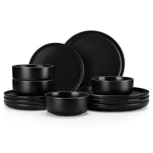 MALACASA Plates and Bowls Sets, 12 Pieces Porcelain Dinnerware Set for 4 Kitchen Dinner Ware Set Ceramic Dishware Dishes Microwave and Dishwasher Safe, Black, Series LUNA
