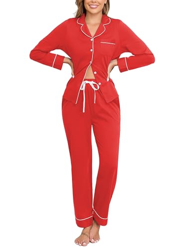 Image of Veseacky 100% Cotton Women's Pajama Set Long Sleeve Button Down Sleepwear Soft Pjs Lounge Sets Nightwear Pjs XS-XXL