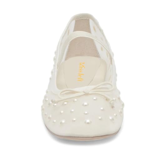 miss left Women Stylish Pearls Round Toe Mary Jane Flats Bowknots Elastic Strap Mesh Breathable Ballet Shoes Size 4-16 US 5
