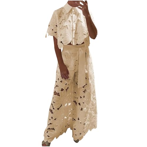 JOAU Yellow Women 2 Piece Outfits: Stylish Hollow Out Floral Lace Crop Shirt & Wide Leg Palazzo Pants Set