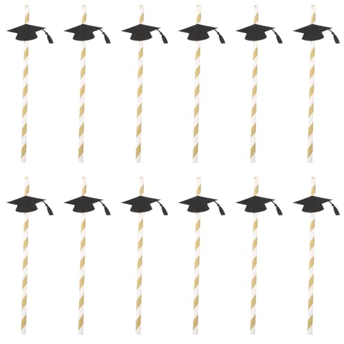 12 pitillos flexibles de papel para graduación negro y dorado miniatura 1