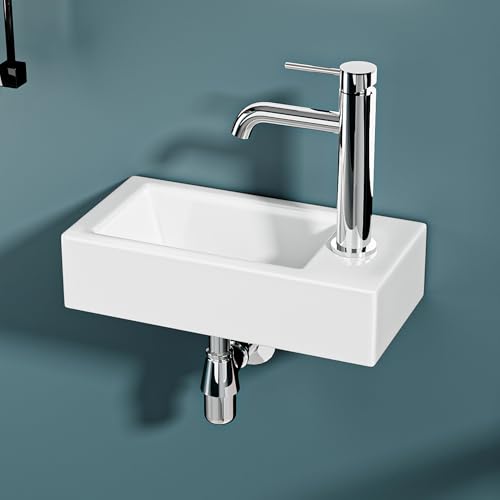 DILECI – Vasque Lave-Mains Compacte Sortie Droite 36,5x18x9 cm – Lavabo Rectangulaire en Céramique Blanche – Idéal Petits Espaces, Toilettes, WC et...