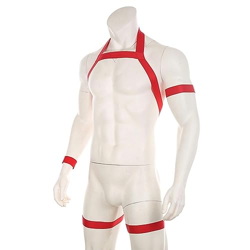 WSZJLN Lingerie Sexy da Uomo con Scollo all'Americana, Pettorina Elastica per Il Corpo, con Fascia da Braccio e Spallacci, Anello per Le Gambe, Costume-Rosso-Taglia Unica