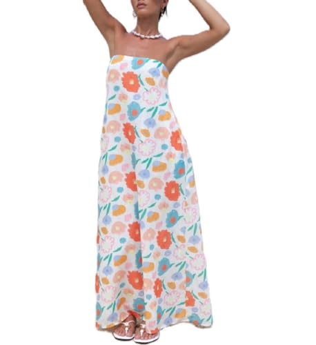 Image of Women Floral Strapless Maxi Dress Y2K Bodycon Tube Long Dresses Sexy Party Formal Cocktail Beach Slit Dress