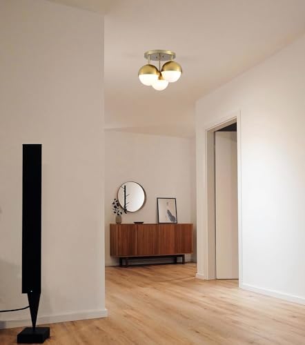 Image of Globe Flush Mount 3-Light Ceiling Light, Mid Century Modern Brass Gold Ceiling Light Fixture with Globe White Frosted Glass Shade for Bedroom Hallway Entryway Kitchen Living Room