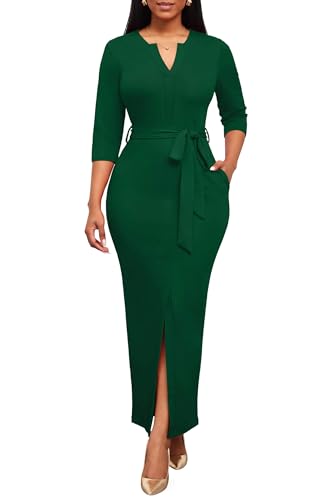 Image of Nmoder Long Maxi Dress for Women, Pencil Church Bodycon Dress Front Split | 3 /4 sleeve v neck, curvy tea party work semi formal cocktail funeral date bridesmaid dress, colorblock, m-3xl